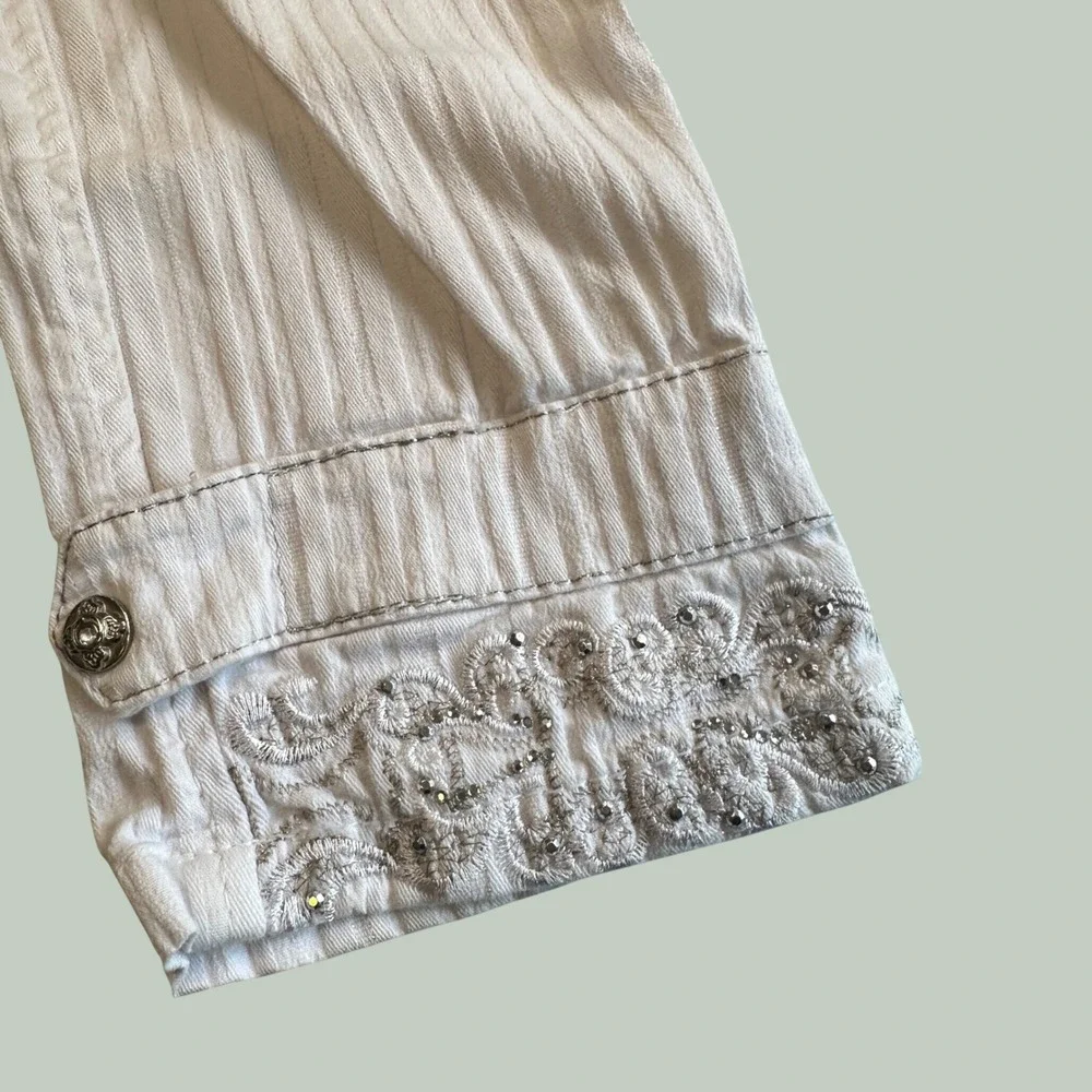 Cheviotto Capri Pants Y2K White Cotton Blend Embroidered Rhinestone Size 27W